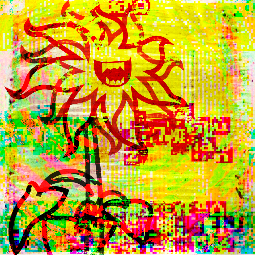 Red vector drawing of a sunflower-like plant with a large mouth and sharp teeth, with glitching text characters banding across the yellow background and subtle green shapes radiating outwards.