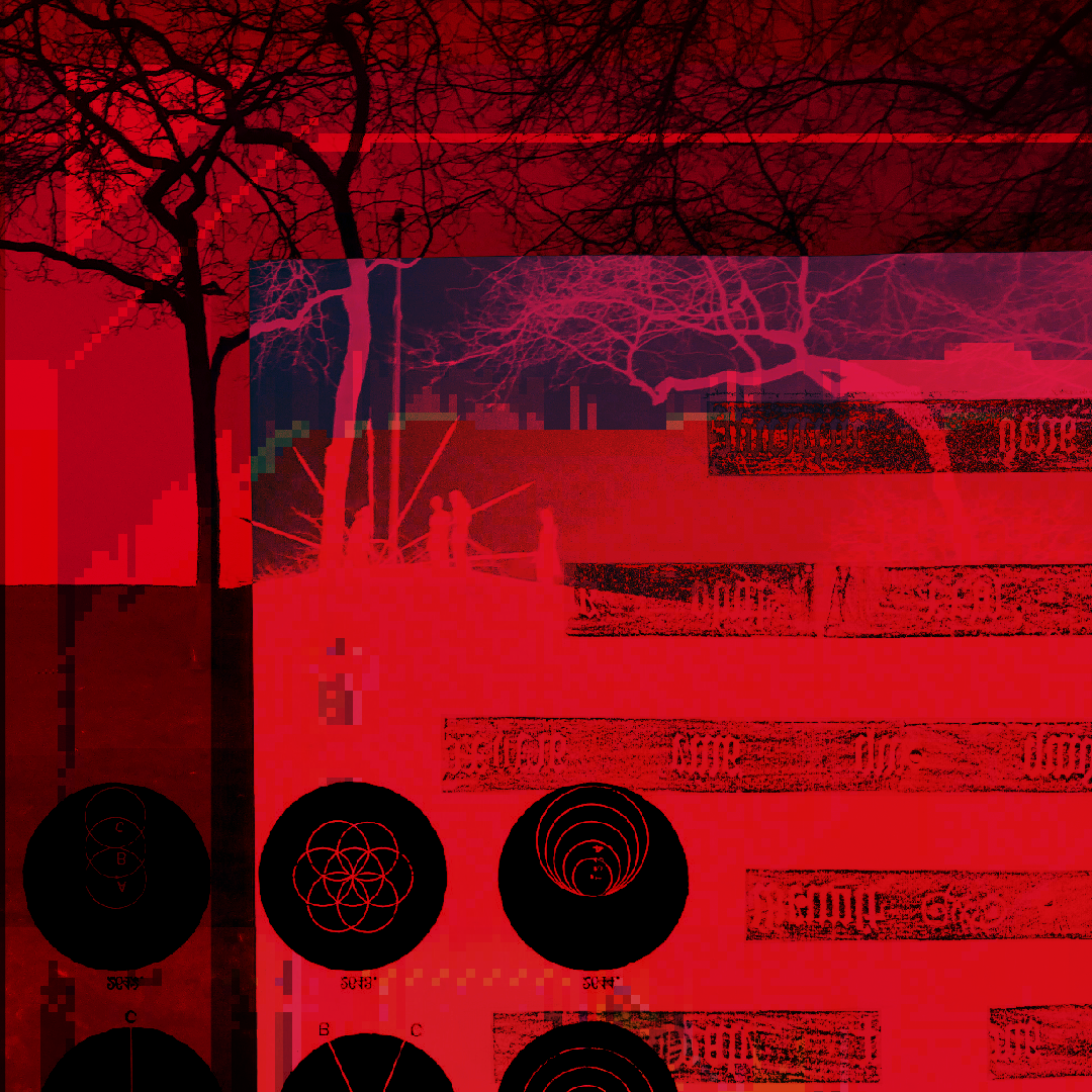 Black and red composition of images including bare trees, figures stood on a hill assembling a ritual structure, church inscriptions and engineering diagrams. The colours become inverted across most of the image, and in one block the hue has shifted to a more cold palette