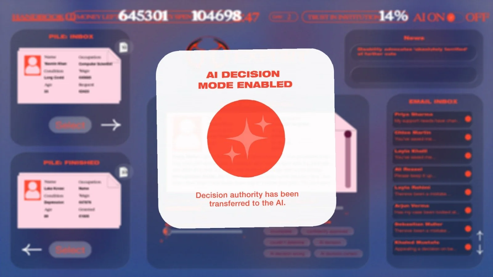 Screenshot: 'AI decision mode enabled' message pops up over an interface that shows applicant files and an email inbox