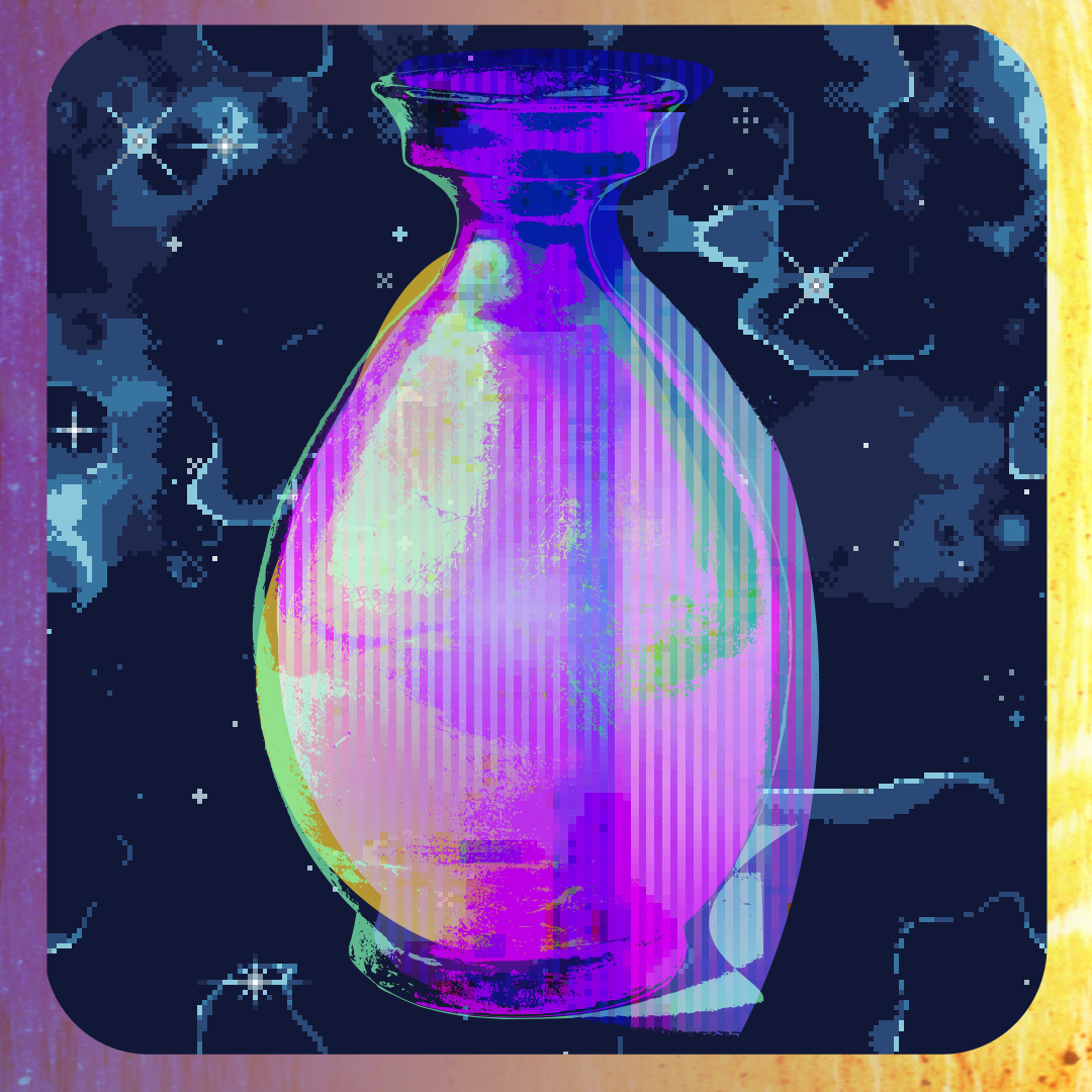 Against a dark blue space background is shown an egg-shaped purple bottle with cyan and gold highlights and a glitch pixel art texture, offset as though misprinted.