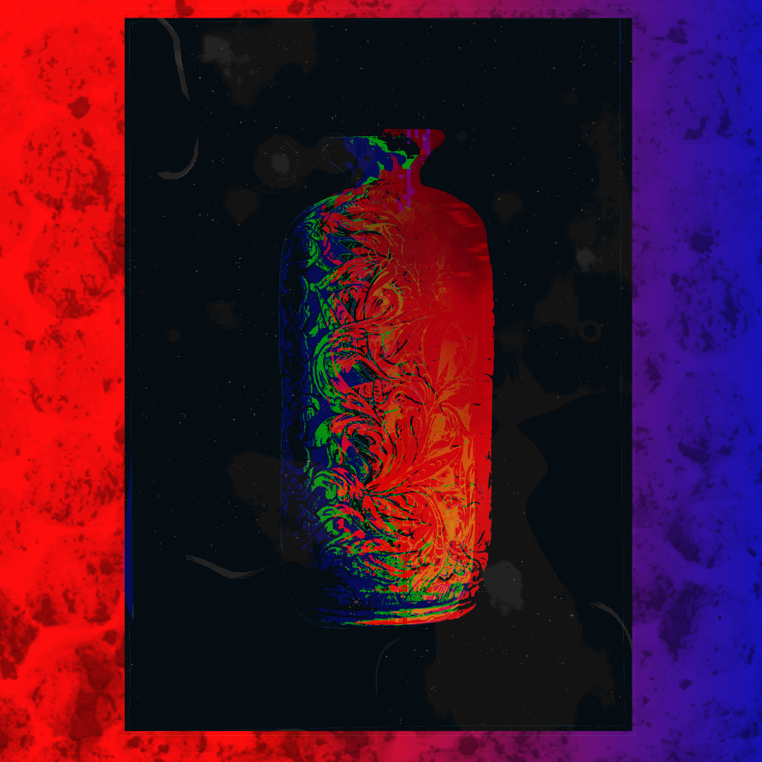 Against a pixel space background, a red bottle with fine leaf patterns, highlights in yellow and shadows in green and blue. Layers are offset to give the impression of chromatic aberration.