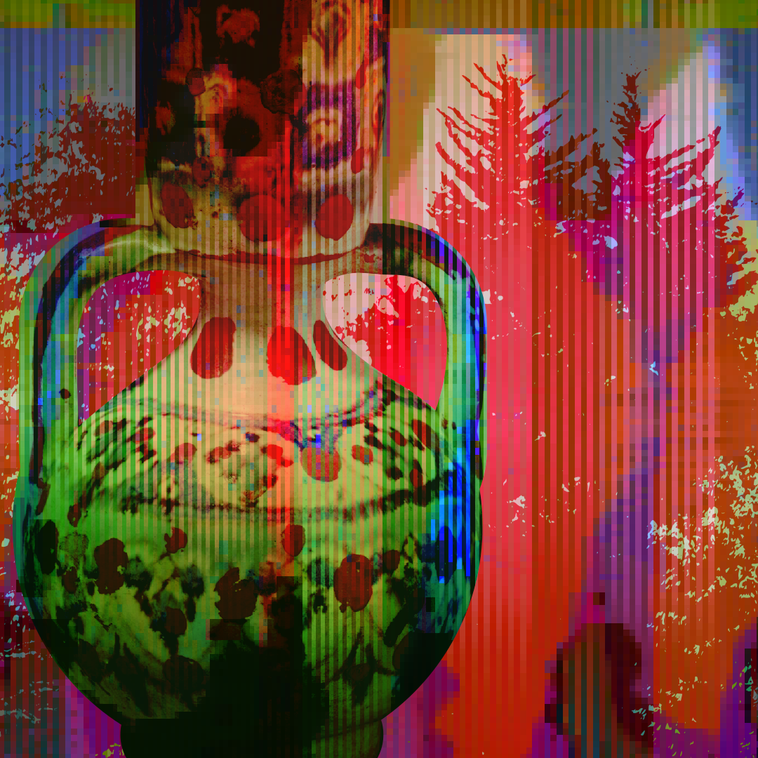 A bottle with irregular red spots and blue details, with long cylindrical mouth and two arms. Purple and red trees in the background. Everything is subtly overlaid with glitching vertical bands, leaving the appearance of blue and red smears over the bottle.