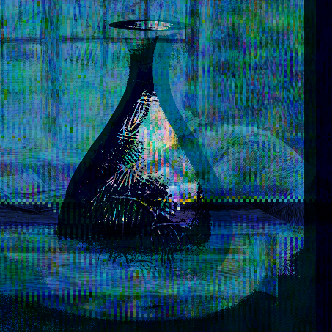 A cyan image showing a dark, flared bottle and the ghost-like figure of a Victorian-era woman in work clothes slumped sadly over a small table. A cloudy haze of green and blue pervades everything, and a deep dark line cuts through the centre horizontally.