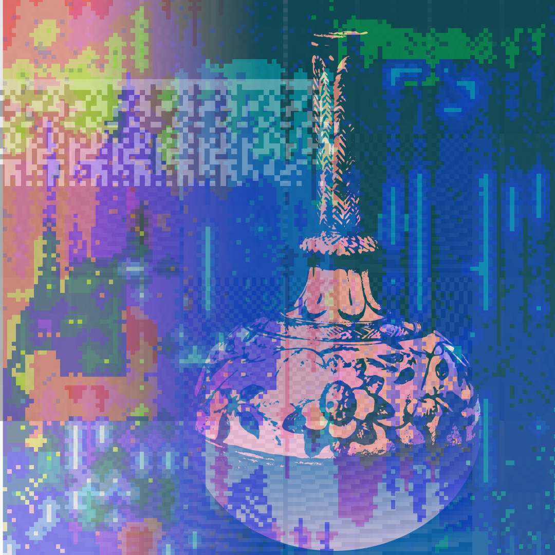 A pinkish white bottle with floral design against a glitch image that resembles a city at dusk. A pale blue gradient washes over most of the image, with a remainder showing pink and yellow in the top left. White 8-bit interference creeps in from the left.
