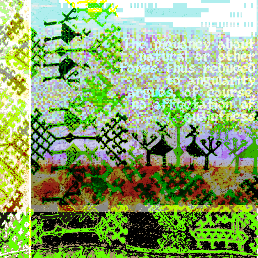 Embroidery of plants with birds and animals in between, in black and neon green. Pixel clouds, a pale blue sky, and scorched ground. Barely visible, in the sky is written 'the piquancy about natural or other forms thus reduced to angularity argues, of course, no affectation of quaintness.'