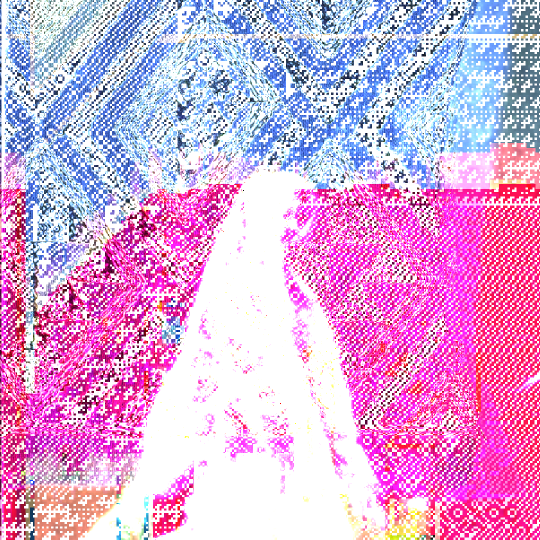 A ghostly figure is seen amid the interference between two geometric patterns: one stitched with an early embroidery machine, the other generated from an equation. Colour washes of pink/red above and blue/black below saturate the image.