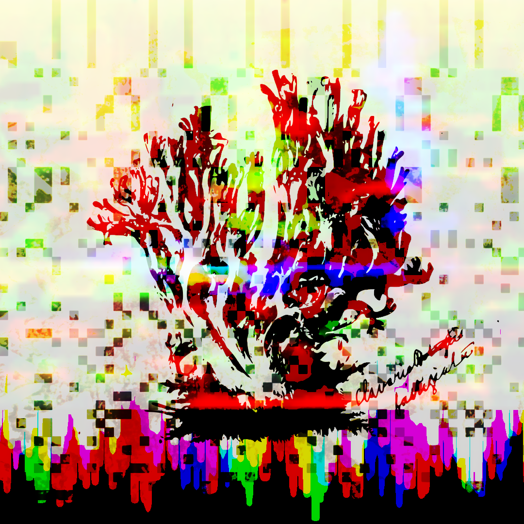 The form of a mushroom with many finger-like parts reaching upwards set in red and black, against a background of pixels that appear as though bubbling up from a dark mass below. Multicoloured lights seem to glow within the mushroom. It is labelled 'Clavaria [redacted] Fastigiale'.