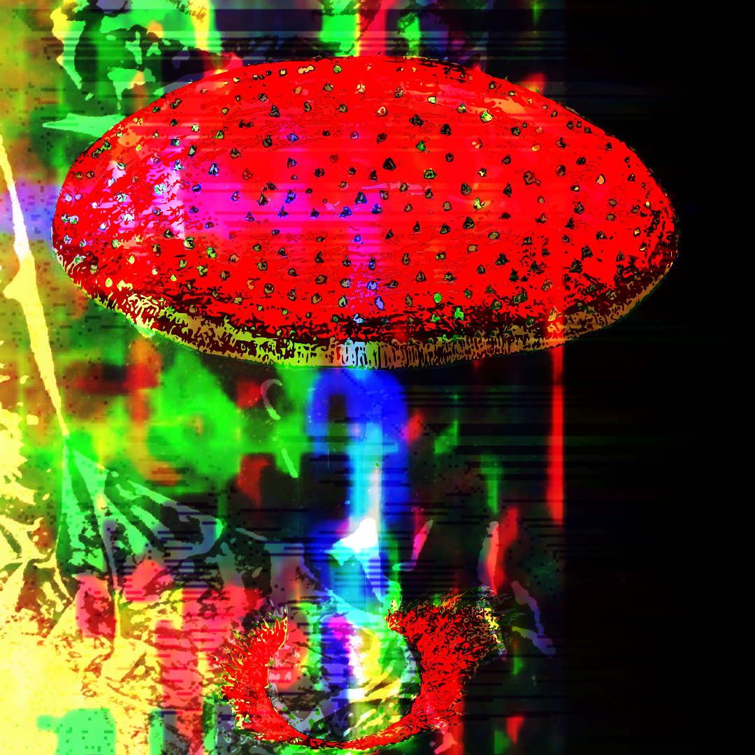 A red toadstool mushroom against a primarily green and black glitch art background, with accents that give the impression it is bleeding red and glowing blue from the stem.