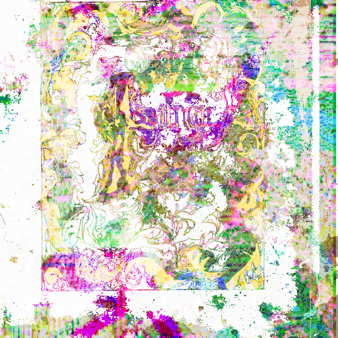 Pink, green and yellow masses evoking mold growth crawl across an off-white page, with outline drawings of leaves framing the word Fungi, made barely legible by the encroaching growth.
