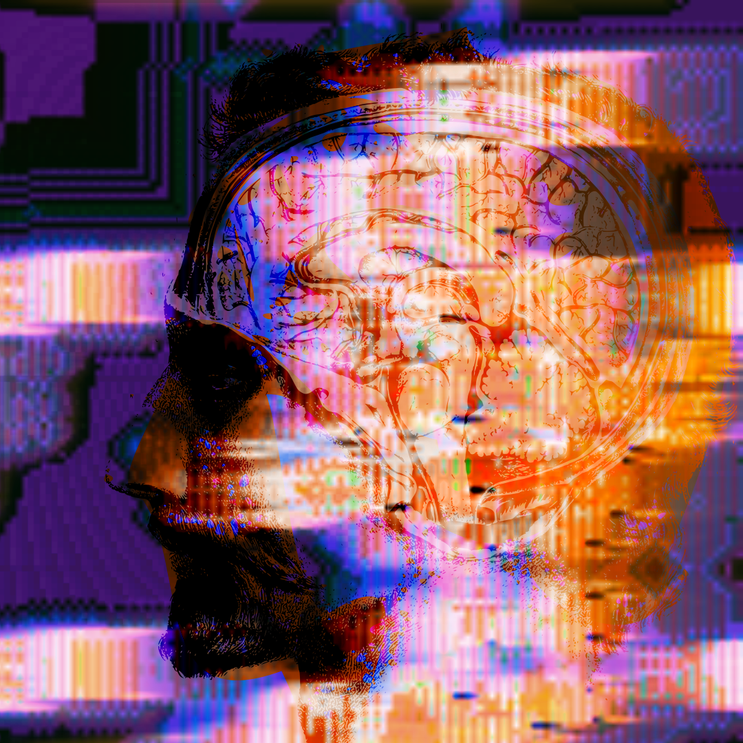 Cutaway anatomical drawing of the head of a white man, showing the brain, rendered in black and orange against a purple and orange glitch art background that gives the appearance of vertical bands and glowing masses of energy concentrated around the neck and hippocampus.