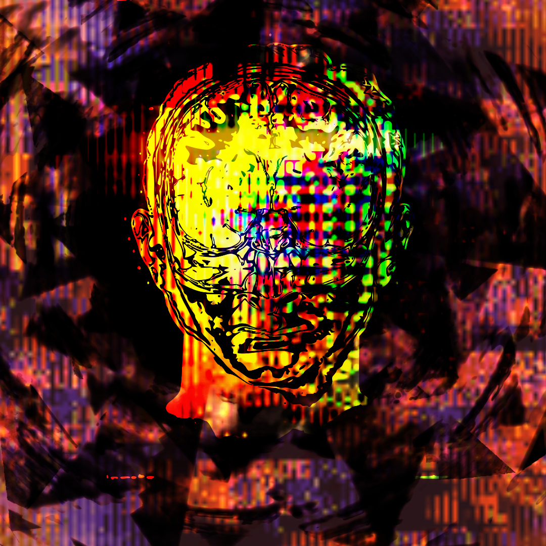 Drawing of a human head from the front, cut away to expose the brain, in orange, yellow and green on a black background. Interference from the image below causes vertical bands to appear, and something seems to glow within the brain. A radiating pattern of orange and purple surrounds on all sides.