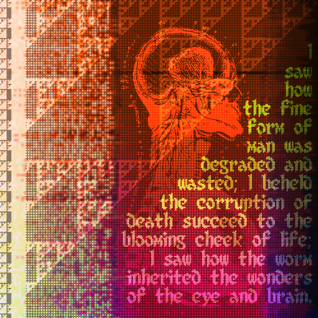Cutaway view of the head and torso, showing the brain and spinal cord, amid a background of orange fractal triangles. White and green pixels gather in a panel to the left. To the right, the text 'I saw how the fine form of man was degraded and wasted; I beheld the corruption of death succeed to the blooming cheek of life; I saw how the worm inherited the wonders of the eye and brain.'