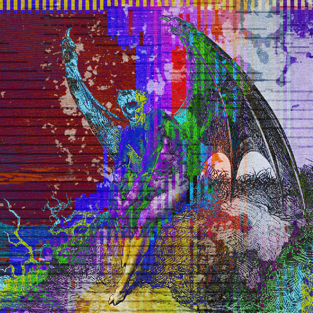 A winged, anthropomorphic creature sits on a bank of yellowed grass, staring at something below the frame with an intense gaze. It appears that the sky is deep red, and the creature rendered in glitching bands of purple, cyan, green, and blue. Splotches of white erase the colours to reveal the original black and white woodblock detailing of wing and grass to the left.