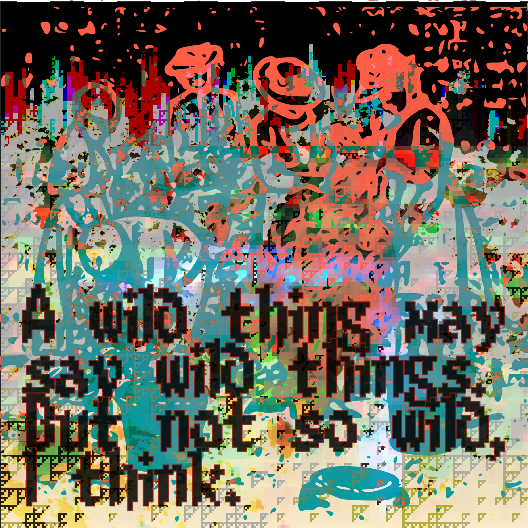 A crowd of women in hats examine various vessels of plant matter, in line art rendered in iron red and copper blue. Various glitches appear in the background, including text from the other side of the page bleeding through, as well as glitch art from bitartbot and Become A Great Artist. Text in foreground reads 'A wild thing may say wild things, but not so wild I think'