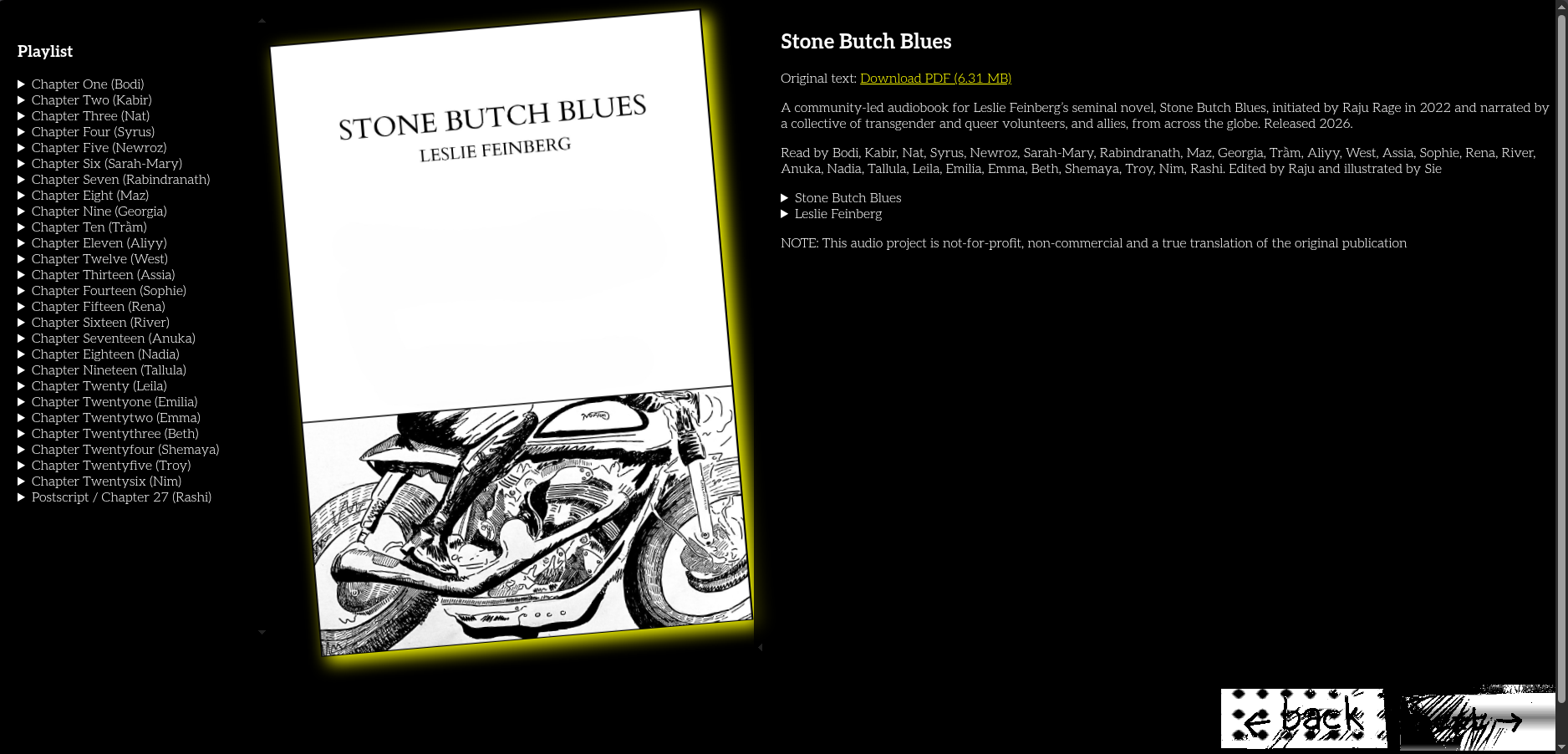 Screenshot from the Desperate Livin webpage for Stone Butch Blues, showing table of contents, book cover, and description in white text on a black background